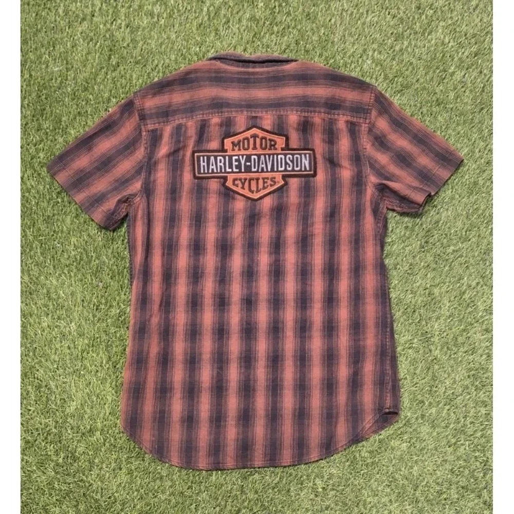 Harley-Davidson Men's Plaid Button-Up Shirt Brown Short Sleeve Embroidered Back
